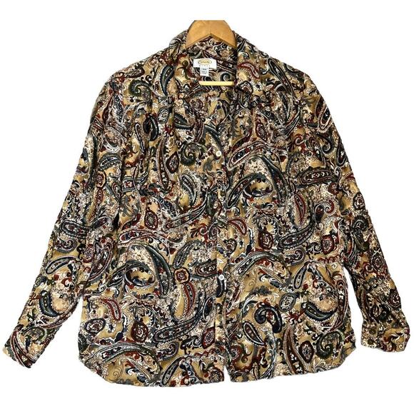 Talbots Blouse Size 16W Tan Crinkle Silk Paisley Metallic Button Up Collared - Picture 1 of 9